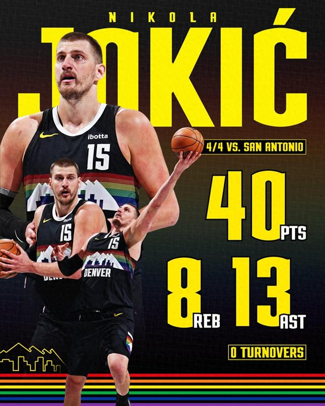 约基奇单场40分13助攻创历史 帮掘金加时逆转马刺